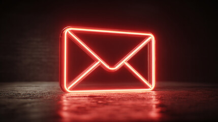 A glowing red neon sign shaped like an envelope stands on a reflective surface, creating a vibrant contrast against the dark background.