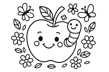 Apple Worm Wonderland. Playful apple with a smiling worm peeking out, surrounded by flowers, butterflies, and leaves, black and
