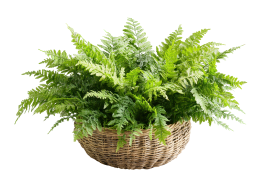 Green fern plant in a woven basket isolated on transparent background. Lush green fern in a woven round pot isolated on white background.