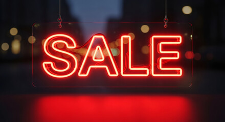 Neon sale sign glowing brightly in urban setting, attracting attention with vibrant red color, symbolizing excitement and urgency during Black Friday shopping season