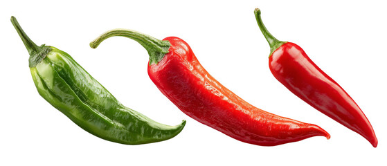A vibrant display of three distinct chili peppers, showcasing their varying colors and sizes, set against a clean background, ideal for culinary themes and spice-related content