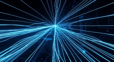 Electric blue lines radiate from a central point over a circuit board background, concept for data transfer, network connectivity and artificial intelligence