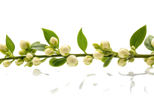 Delicate white flower buds on a green stem isolated on transparent background. Lush green foliage with unopened creamy white buds isolated on white background.