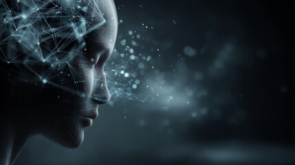 artificial intelligence concept background with human face hologram and copy space