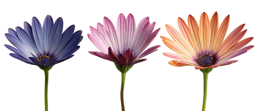 Three vibrant flowers in varying colors of blue, pink, and orange, showcasing their delicate petals and stems, set against a clean background, ideal for nature-themed designs