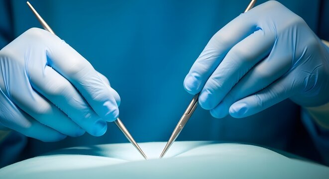 Close-up of a surgeon's gloved hands holding precision instruments during a delicate medical procedure in a sterile operating room environment