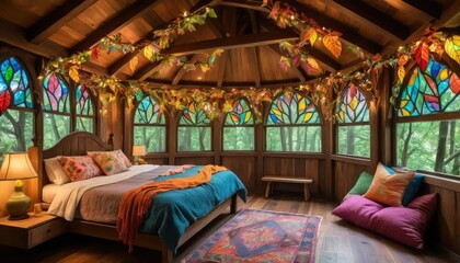Cozy Treehouse Bedroom with Stained Glass and Autumnal Decor, Serene Interior Design