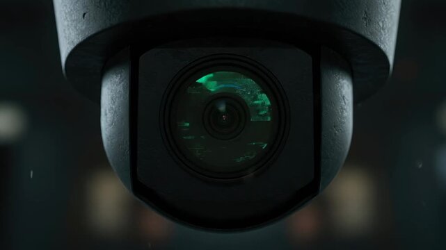 Security camera with a green glowing lens, then inactive, followed by a red glowing lens for surveillance technology application.