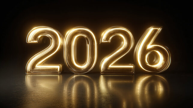 Golden 2026 with luminous edges, casting a glow on a reflective surface. Celebratory date anticipation against a dark background.