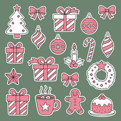 Pastel Christmas Holiday Sticker Set &ndash; Cute Vector Gifts, Ornaments, Bows, Tree, Gingerbread, Mug, Candle, Candy Cane Clipart