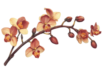 Orchid flower branch with buds isolated on transparent background. Branch of orchid with flowers and buds isolated on white background.