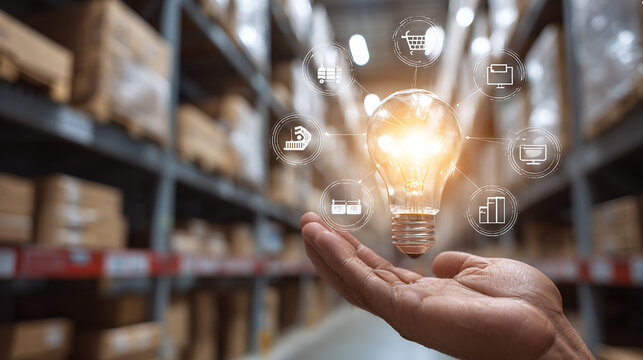 Innovative supply chain solutions and streamlined logistics strategies, illustrated by a lightbulb hovering over a warehouse manager's hand.