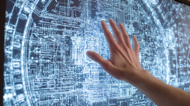 Hand interacting with a bright blue, detailed futuristic interface displaying interconnected circuit-like patterns and intricate designs on a dark screen.