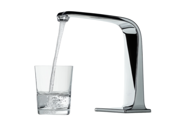 Chrome faucet filling a glass with water isolated on transparent background. Clear glass fills with fresh water from a stylish faucet isolated on white background.