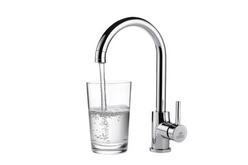 Chrome faucet filling a glass with water isolated on transparent background. Clear glass fills with fresh water from a stylish faucet isolated on white background.