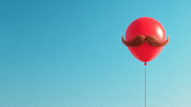 A vibrant red balloon floats against the serene blue sky, playfully adorned with a quirky mustache. A whimsical and cheerful celebration.