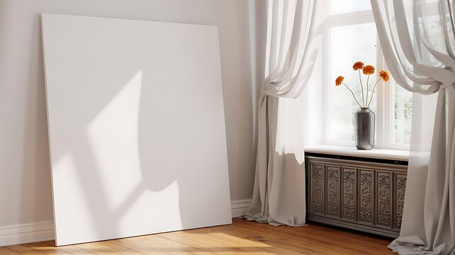 Blank Canvas in a Sunlit Room with Floral Arrangement