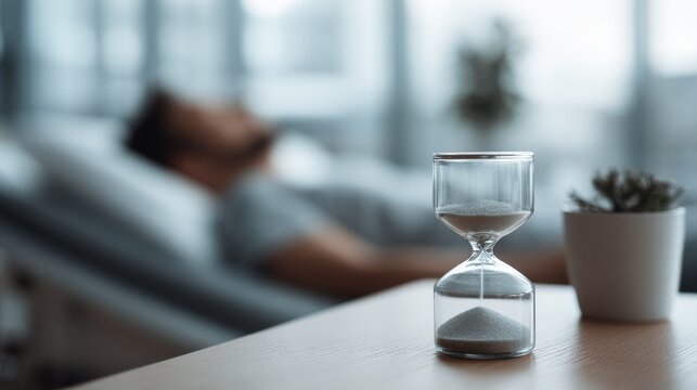Conceptual image showing a sand timer on a table with a blurred patient lying in a modern hospital room, symbolizing time and recovery
