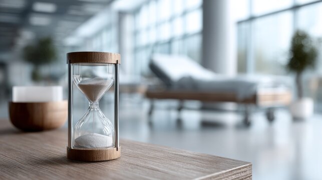 sand timer placed on a table inside an empty modern hospital room, representing time, waiting, and healthcare concepts.