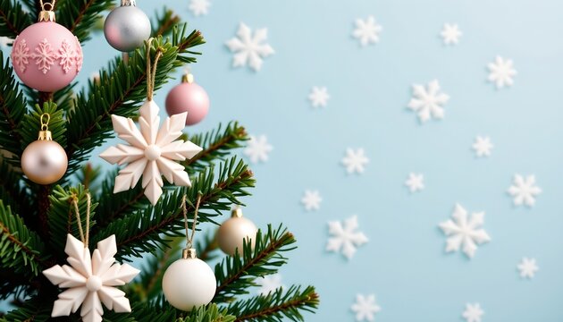 Festive Winter Evergreen Tree with Pastel Ornaments