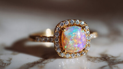 An opal stone adorned with diamonds set in a gold ring showcases elegance and charm on a marble surface, its radiant allure captivating at first sight.