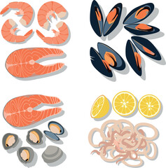 Obraz premium Assorted Seafood Ingredients and Lemon Slices, Flat Design