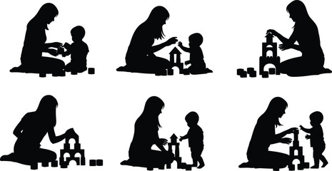 Mother and child playing together with building blocks, family bonding, early education, creative learning, home activity, parenting love, childhood development, care