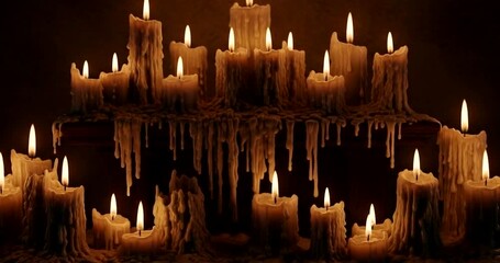 Dramatic display of numerous lit candles with dripping wax on a dark surface - Powered by Adobe