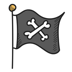 Pirate flag doodle icon vector isolated. Hand-drawn illustration of a black flag with a skull on it. Concept of piracy. Skull and bones crossed. Symbol of a pirate ship.