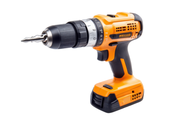 Orange and black cordless power drill isolated on transparent background. Cordless drill isolated on white background.