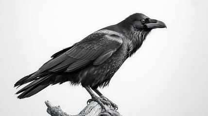 Fototapeta premium Monochrome common raven perched on a natural branch in studio