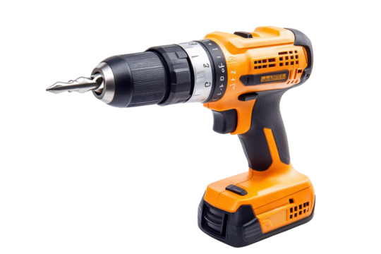 Orange and black cordless power drill isolated on transparent background. Cordless drill isolated on white background.