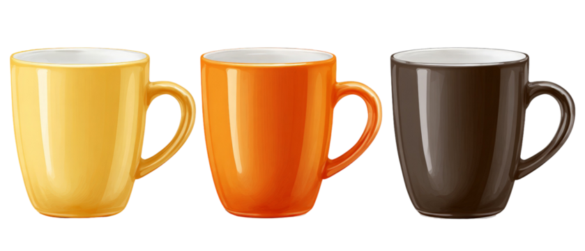 Three vibrant ceramic mugs in yellow, orange, and brown arranged side by side, showcasing their glossy finish and unique shapes against a clean white background, ideal for kitchen or dining decor