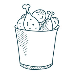Fried drumsticks in a bucket doodle icon vector isolated. Hand-drawn illustration of chicken legs. Fast food, delicious meal. Crispy chicken meat.