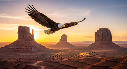 Bald Eagle Soaring Over Monument Valley at Sunrise Symbol of American Freedom