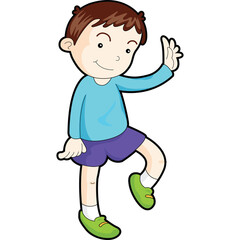 Cartoon boy with brown hair and blue shirt purple shorts green shoes smiling and posing with one leg up in the air on a white background