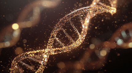 A shimmering golden DNA double helix, floating amidst a constellation of bokeh lights. Abstract science, medical research visualization art.