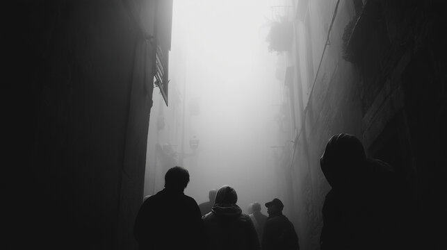 Whispering fog in an old alleyway, silhouettes of people watching from within the haze