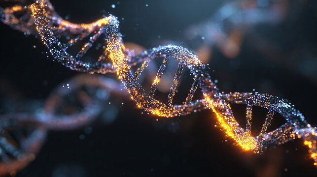 Abstract representation of a DNA strand. Intertwined strands composed of shining particles against a dark background. Conceptual image. - Powered by Adobe
