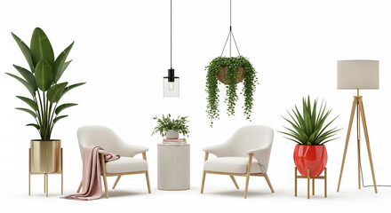 Indoor plants and furniture arrangement isolated on white background creating a cozy and inviting interior design concept