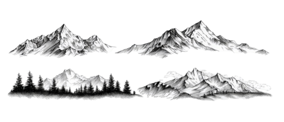 A detailed black and white illustration of majestic mountain ranges with intricate shading, surrounded by a serene forest backdrop, perfect for nature-themed projects