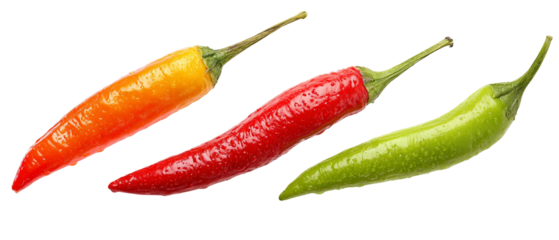 Vibrant assortment of fresh chili peppers including red, green, and orange varieties displayed against a clean background, highlighting their colors and textures for culinary use