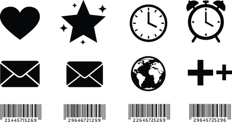 Minimal black icon set with heart, star, clock, globe, barcode, and envelope symbols for business and communication design