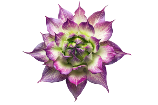 Vibrant purple and green flower bloom isolated on transparent background. Poisonous purple and green fantasy flower isolated on white background.