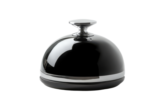 Shiny black service bell isolated on transparent background. Sleek reflective black service bell isolated on white background.
