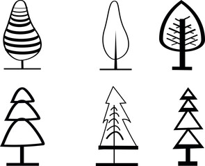 Set of six hand drawn stylized trees in black and white outline