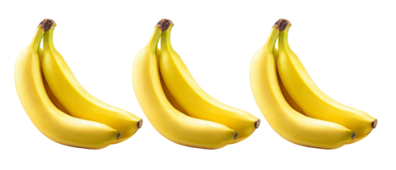 A vibrant display of three ripe bananas arranged in a row, showcasing their bright yellow color and smooth texture against a clean, white background, ideal for food-related content
