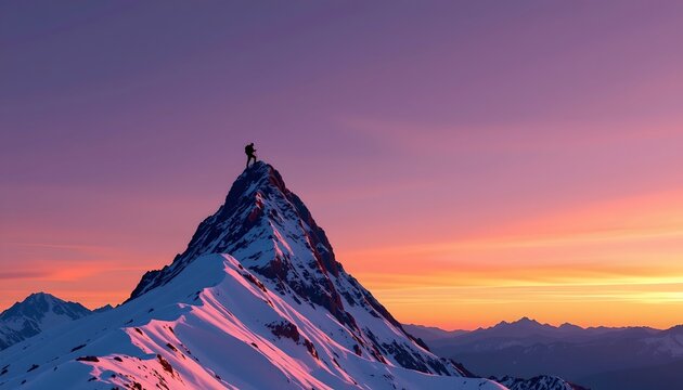 Solitary Climber Snowcapped Peak Dawn