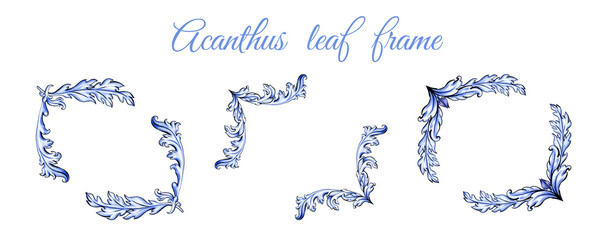 Set of blue acanthus leaf corners. Hand-drawn baroque decorative frames for stationery, invitations, or classic design assets.