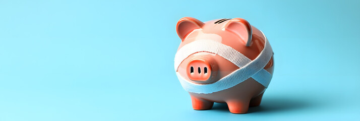 piggy bank adorned with bandages - concept of financial recovery and resilience after falling into debt wide banner - blue background